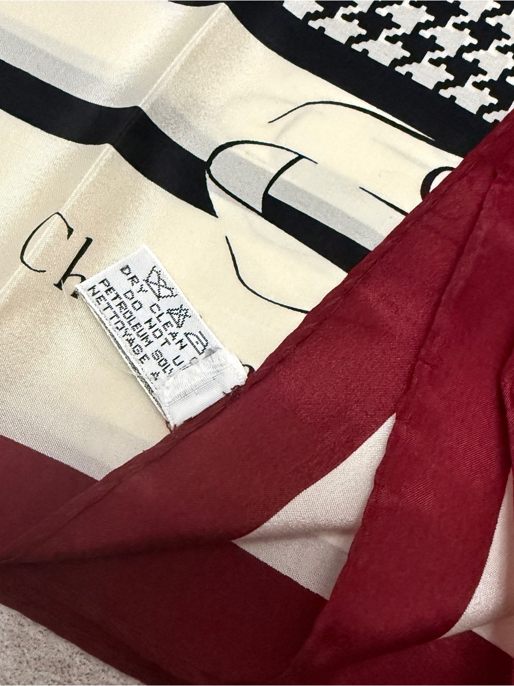 Dior Burgundy, Ivory and Black Houndstooth Silk-Feel Square Scarf - Picture 9 of 9